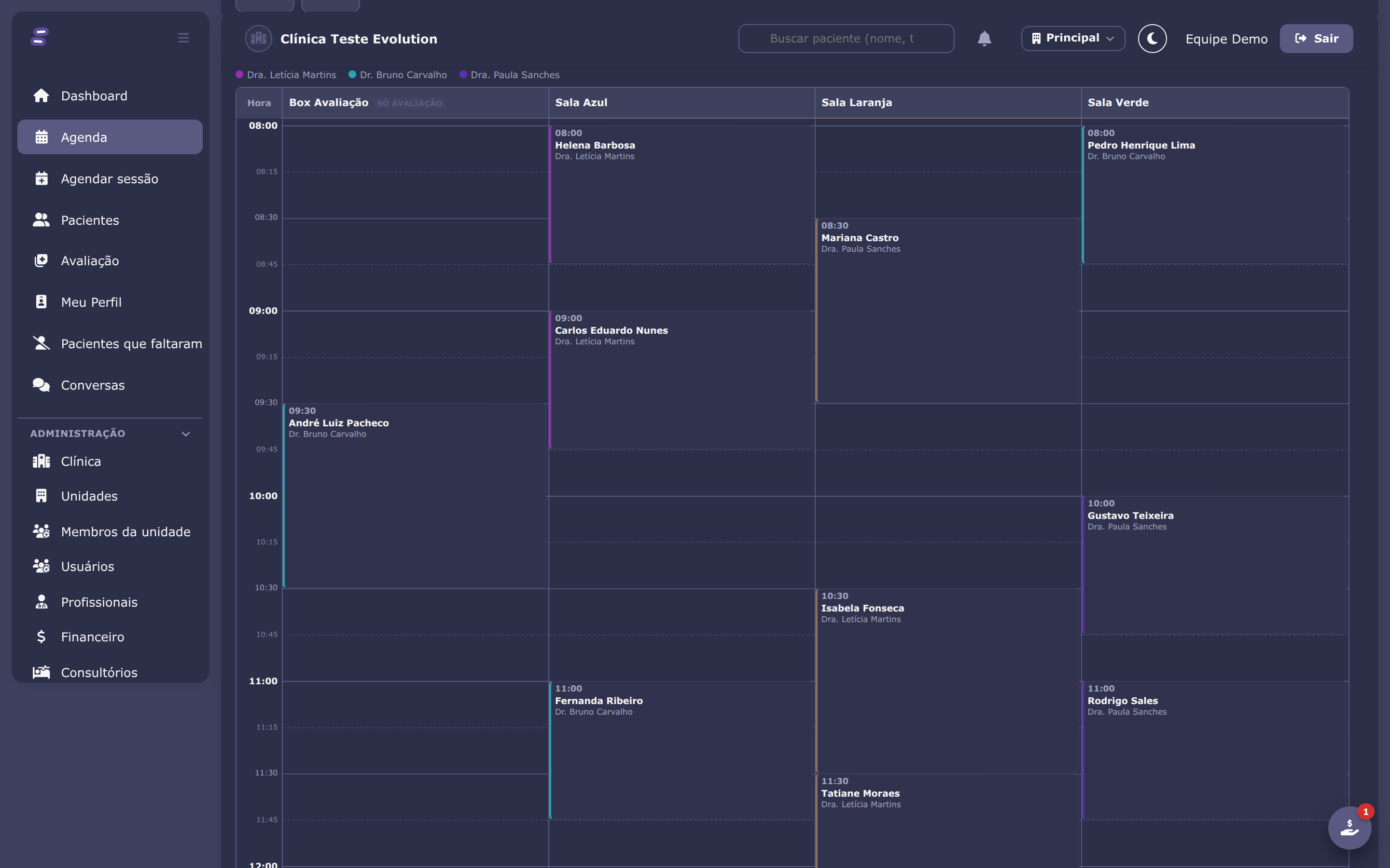 Agenda em modo timeline por sala, tema escuro
