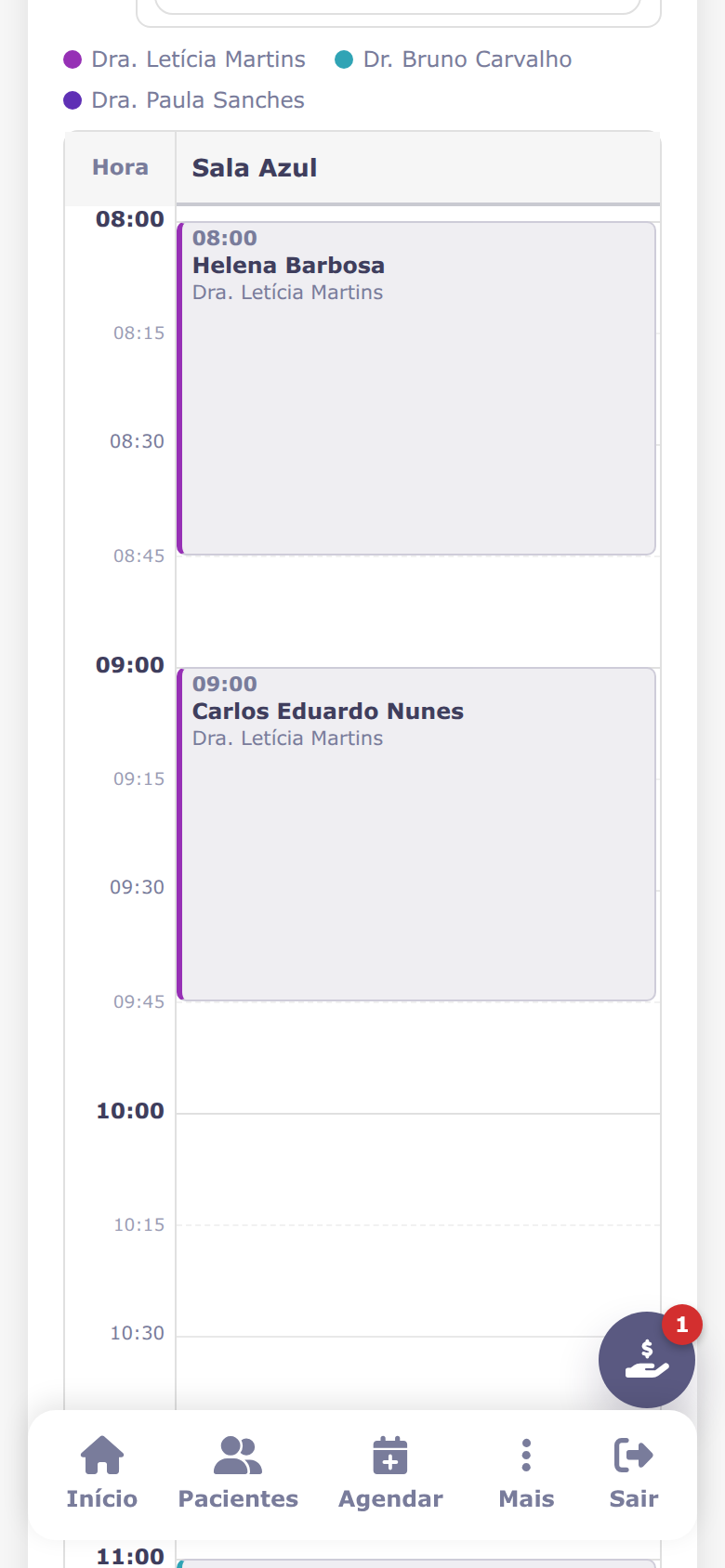 Agenda por sala na versão mobile do sistema