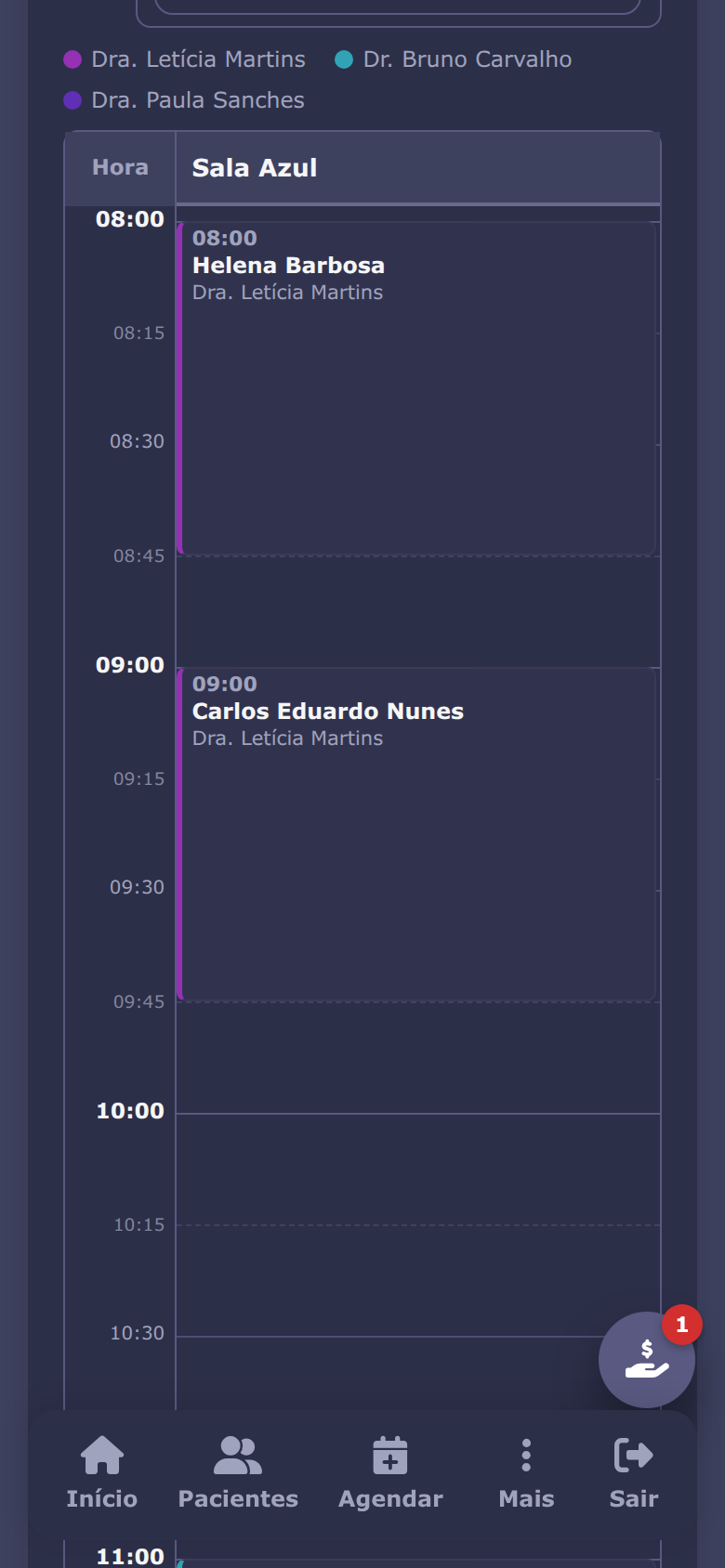 Agenda por sala no celular, tema escuro