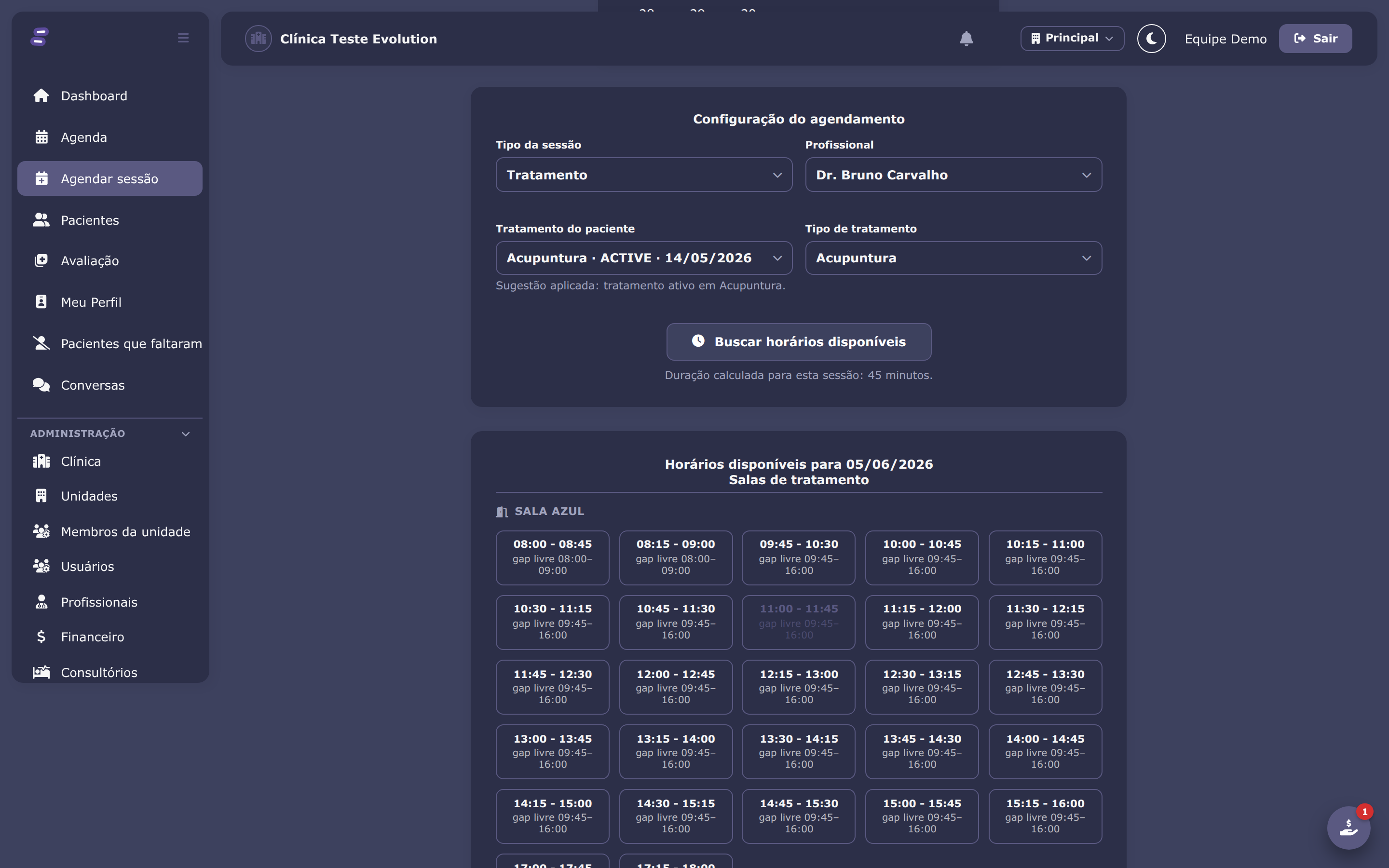 Horários disponíveis por sala, tema escuro