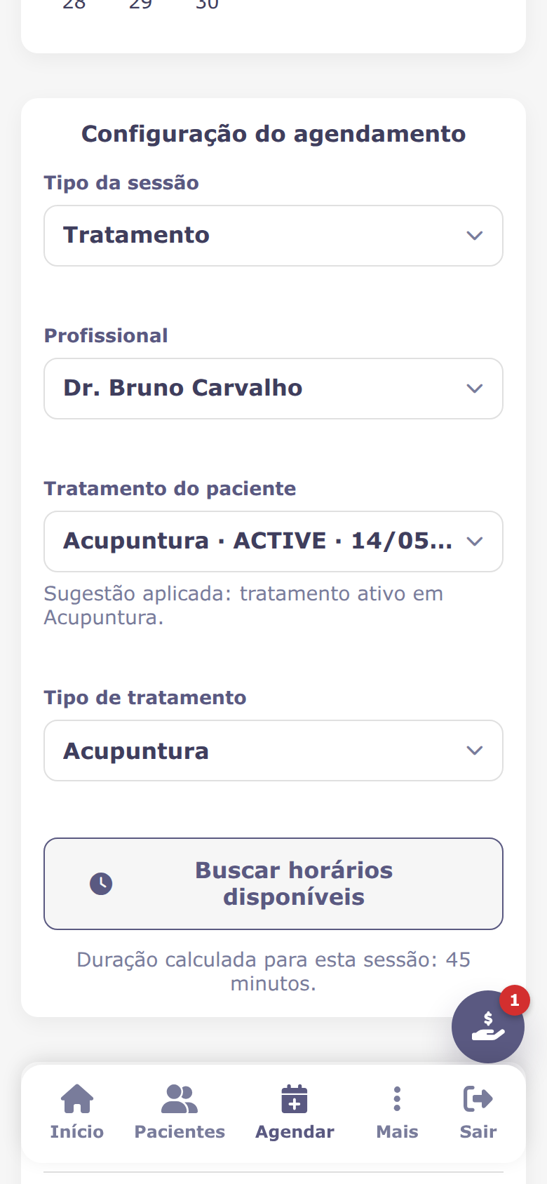 Agendamento de sessão na versão mobile do sistema