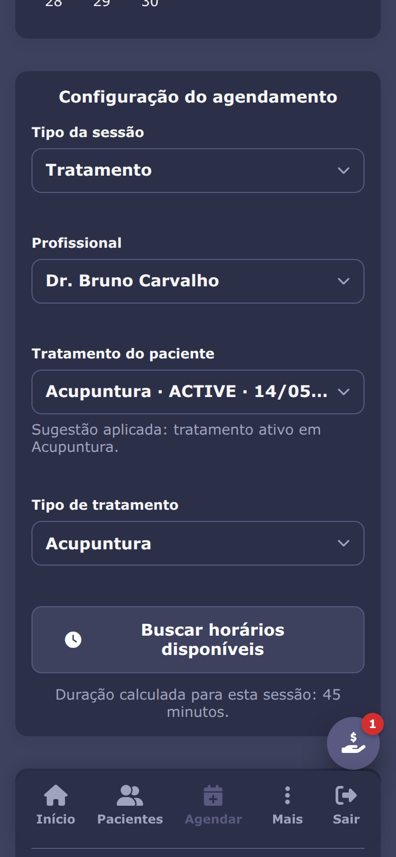 Agendamento no celular, tema escuro
