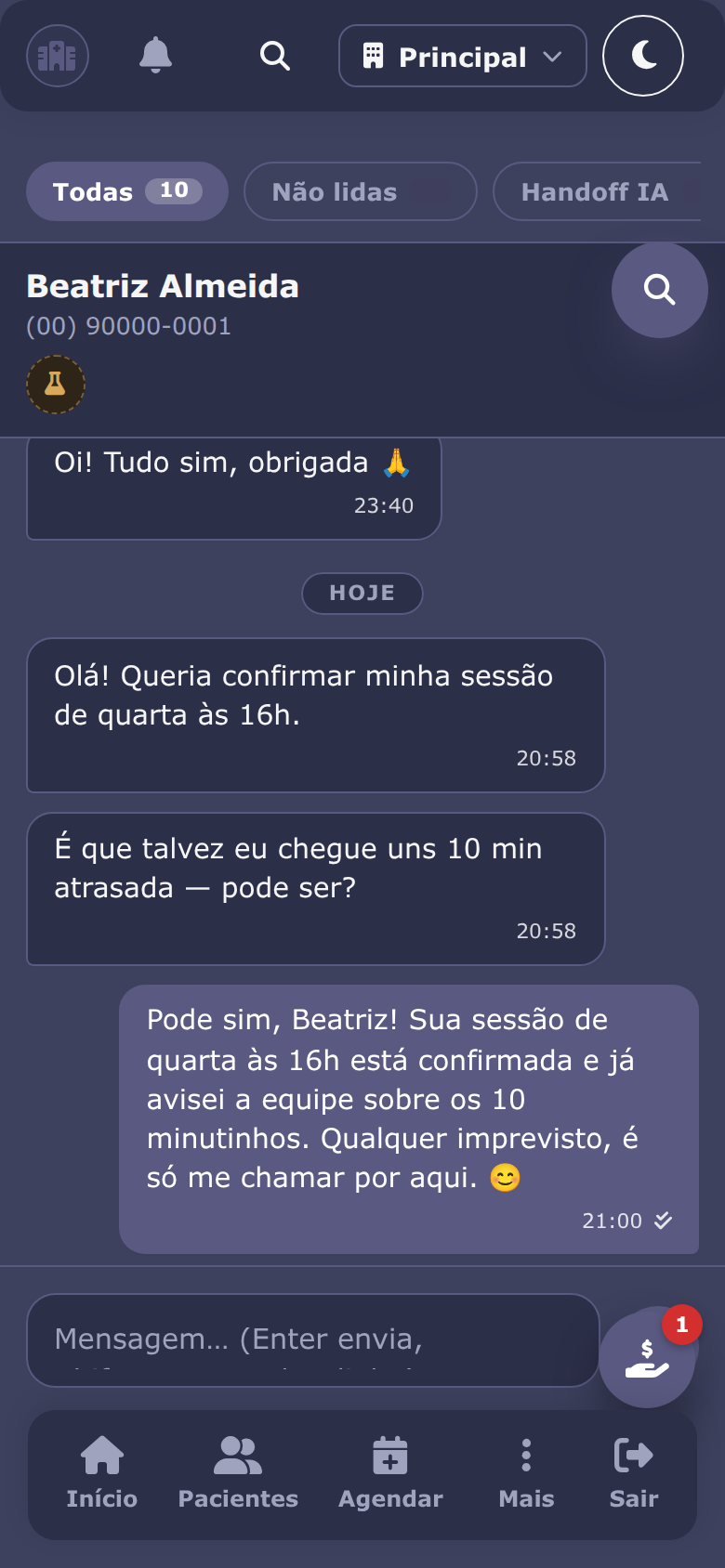 Conversas no celular, tema escuro