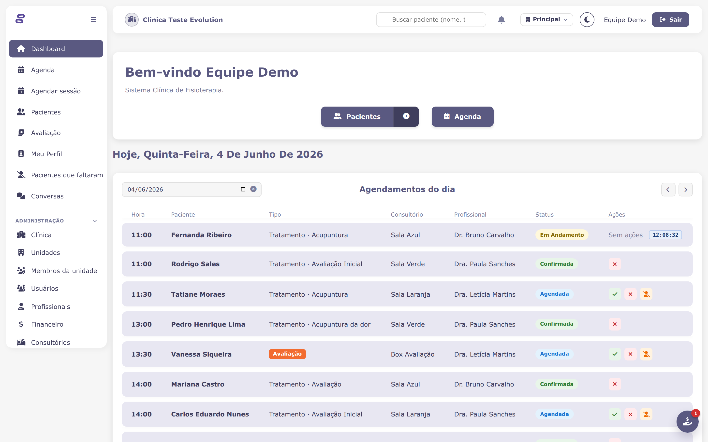 Dashboard com os atendimentos do dia, status de cada sessão e ações rápidas