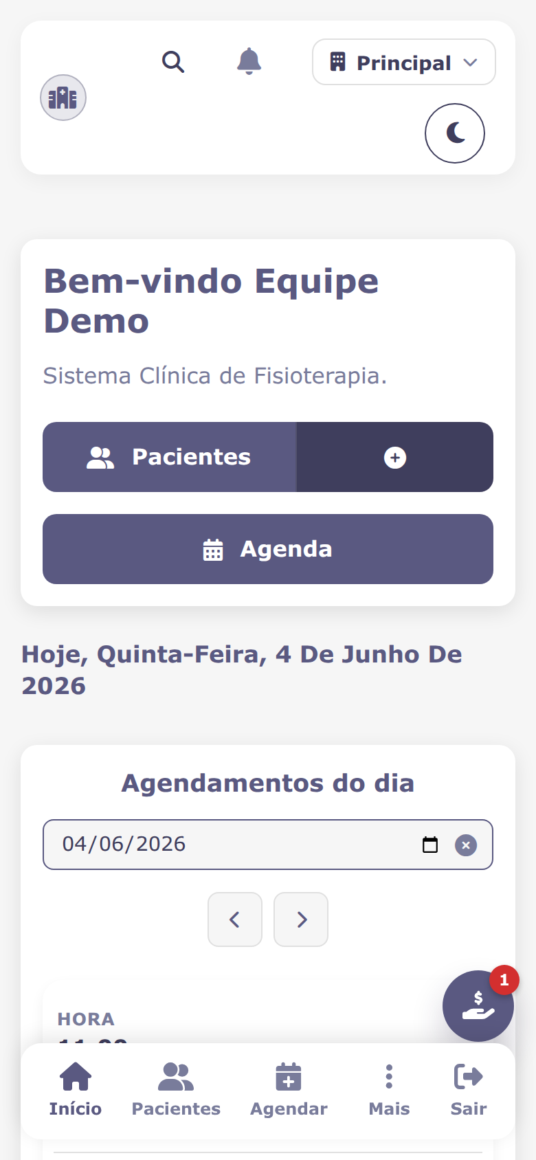 Dashboard do dia na versão mobile do sistema