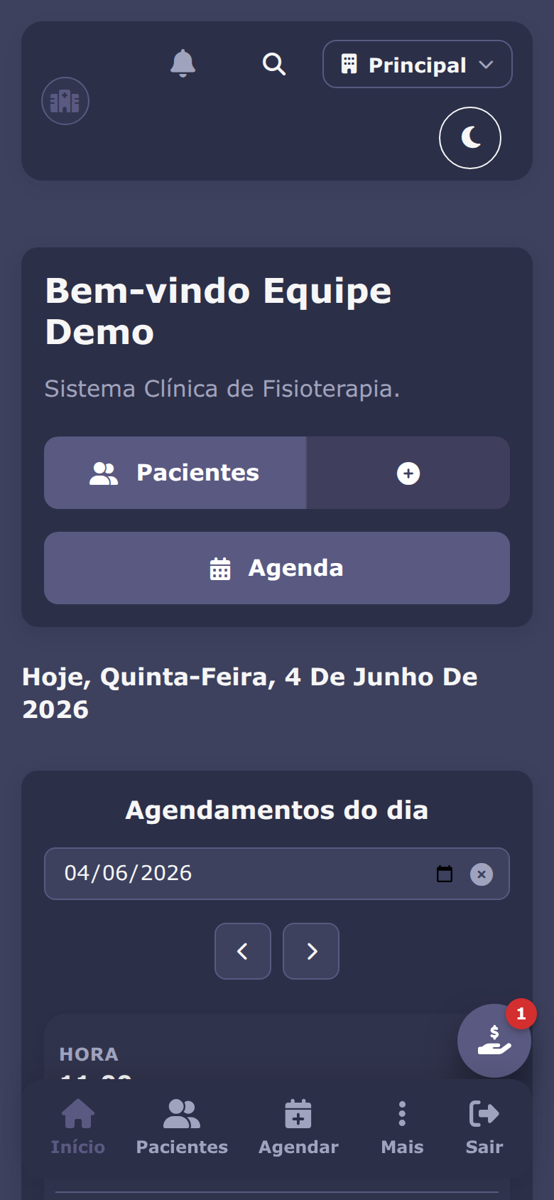 Dashboard no celular, tema escuro