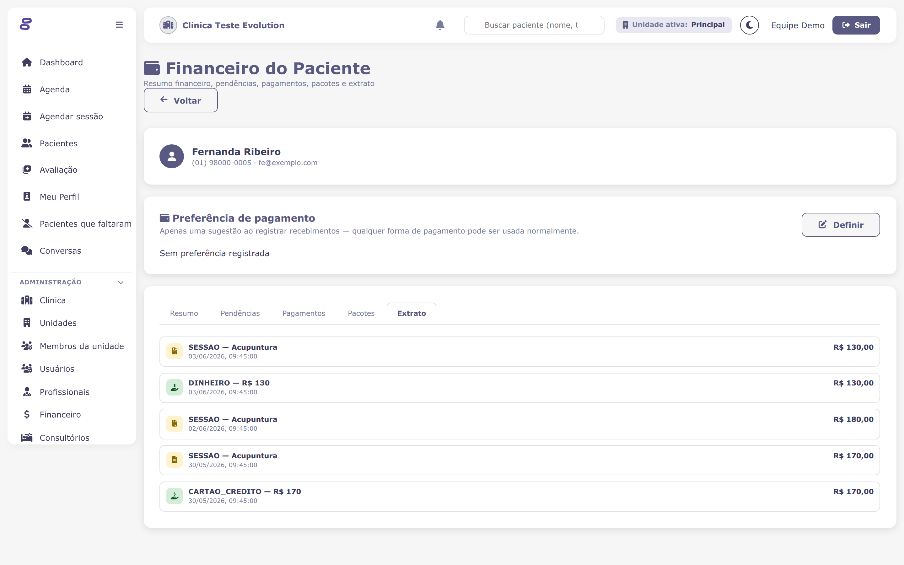 Financeiro do paciente com extrato de sessões pagas e pendentes