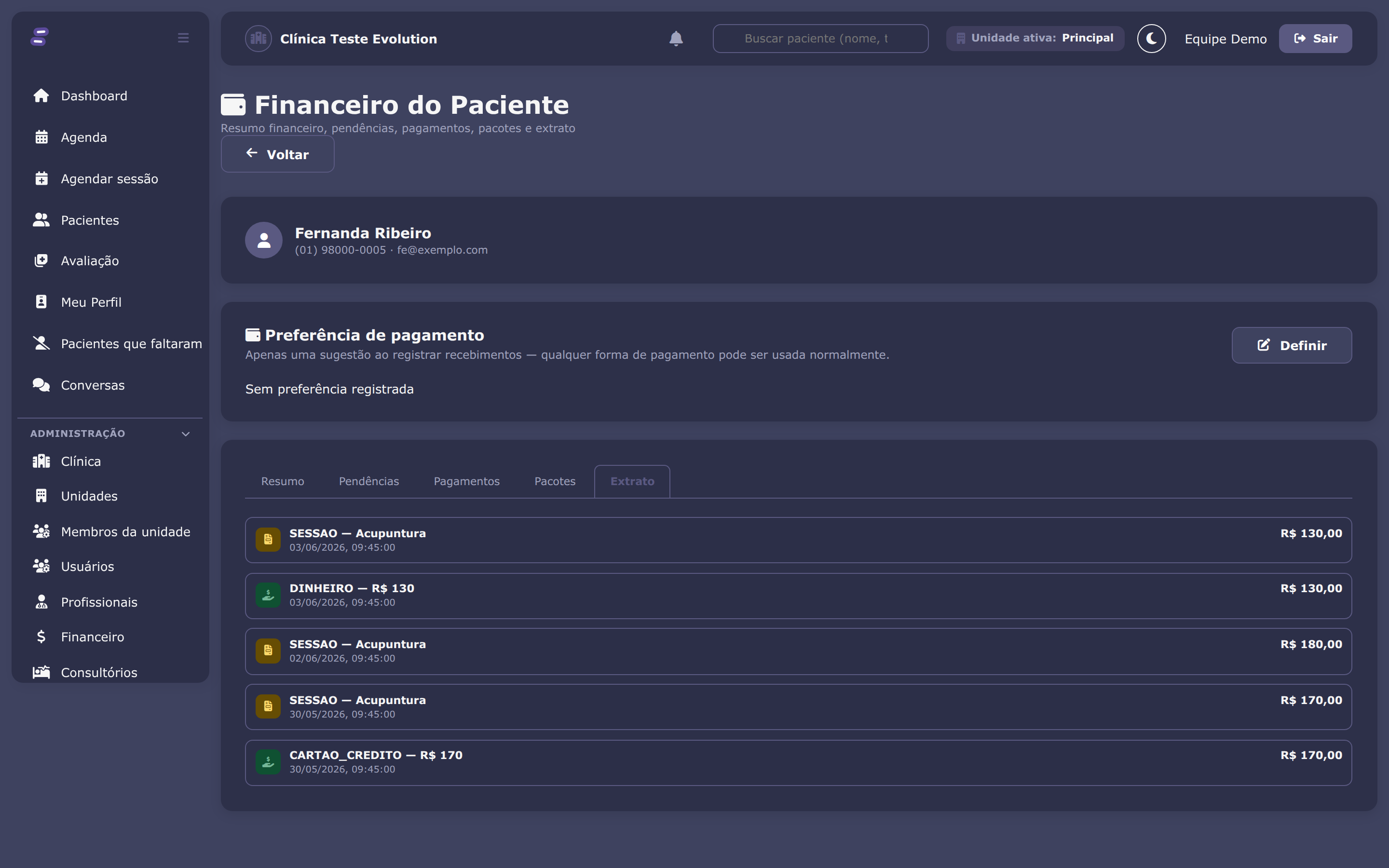 Financeiro do paciente, tema escuro