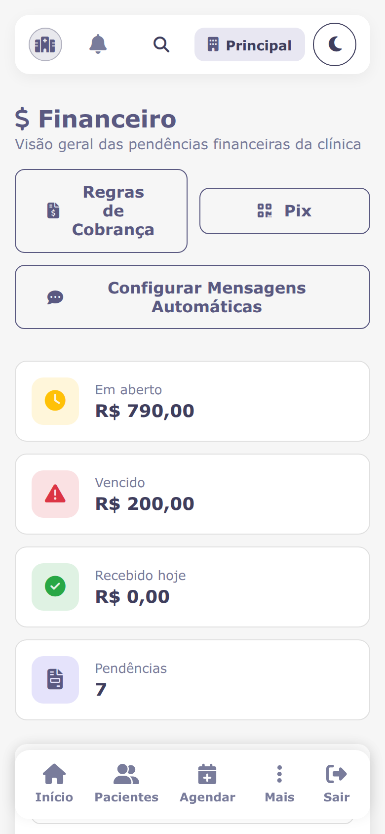Painel financeiro na versão mobile do sistema