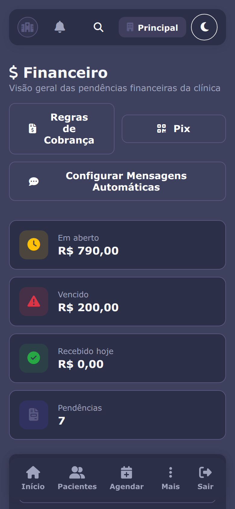 Financeiro no celular, tema escuro