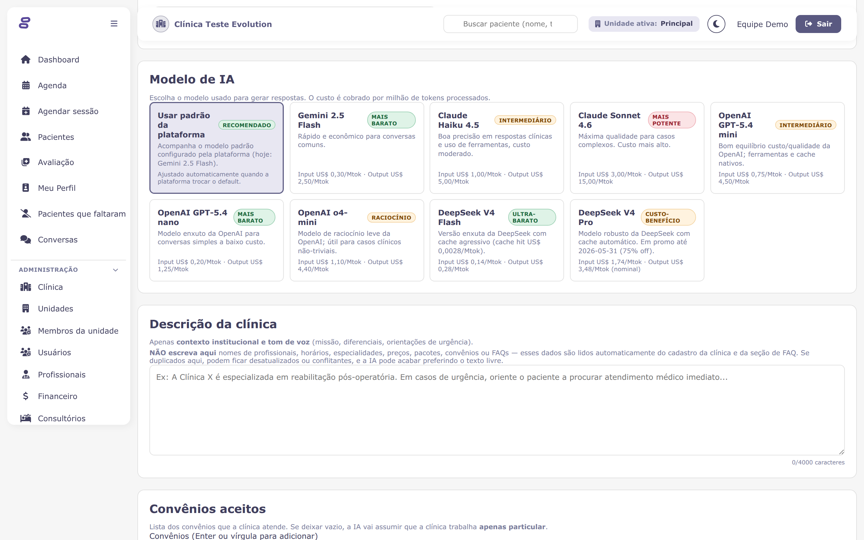 Configuração do atendente de IA com a escolha do modelo que responde o WhatsApp