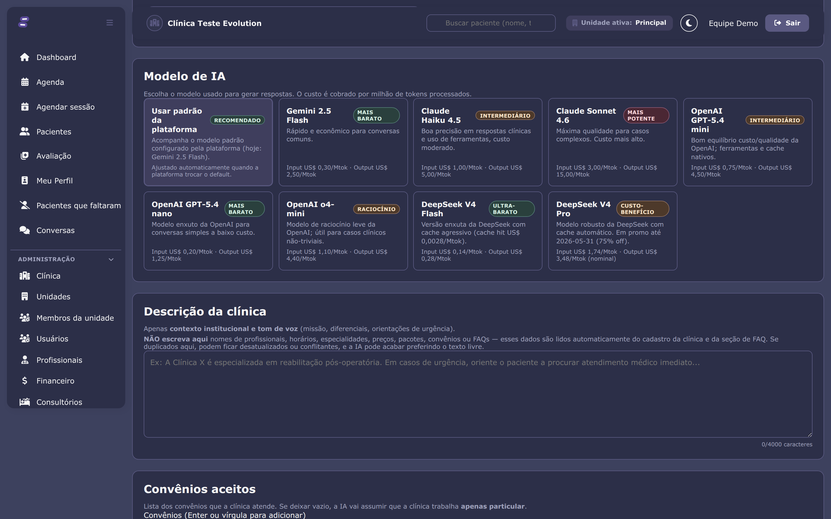 Escolha do modelo de IA, tema escuro