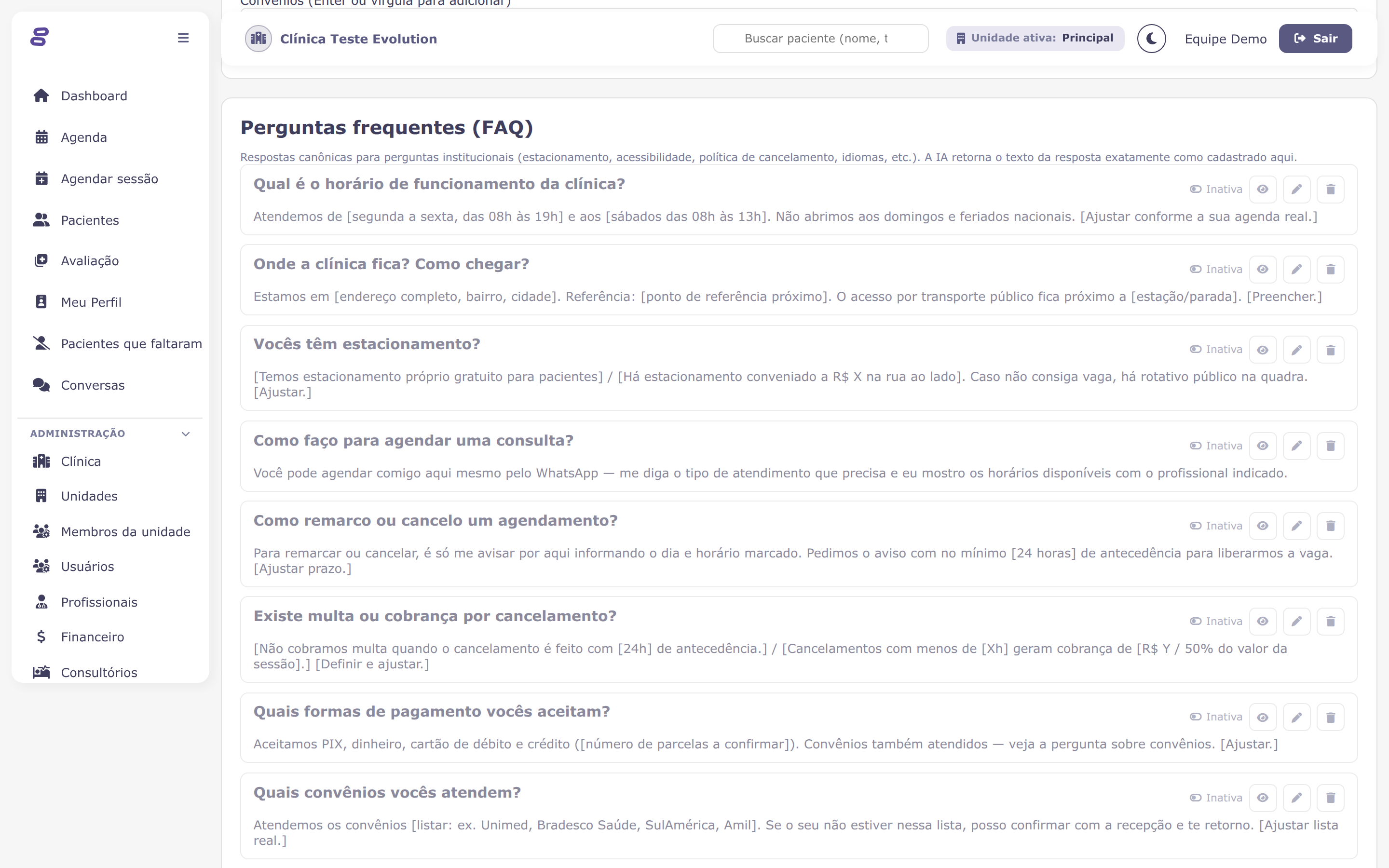 FAQ do atendente de IA com as perguntas e respostas da clínica