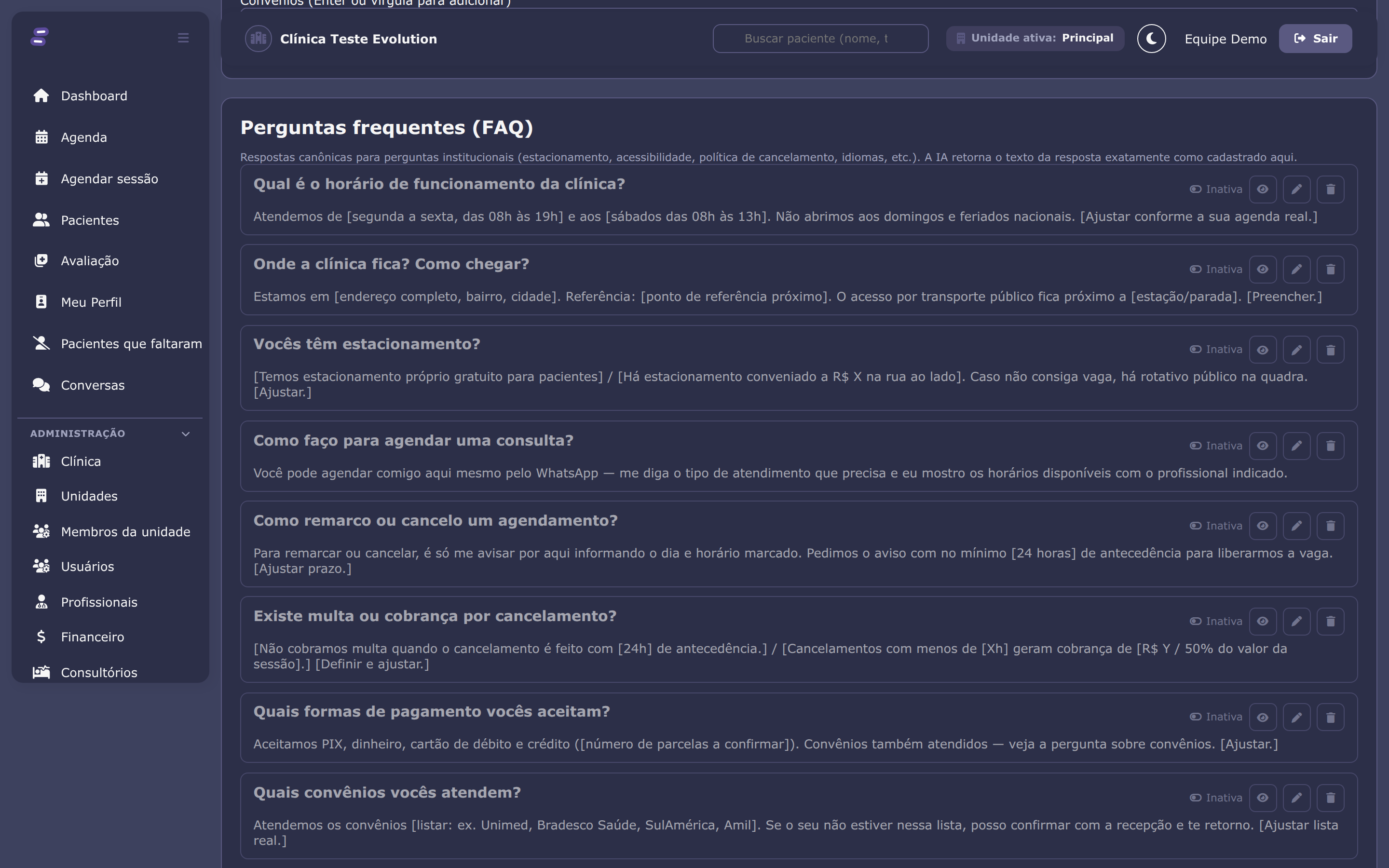 FAQ do atendente de IA, tema escuro