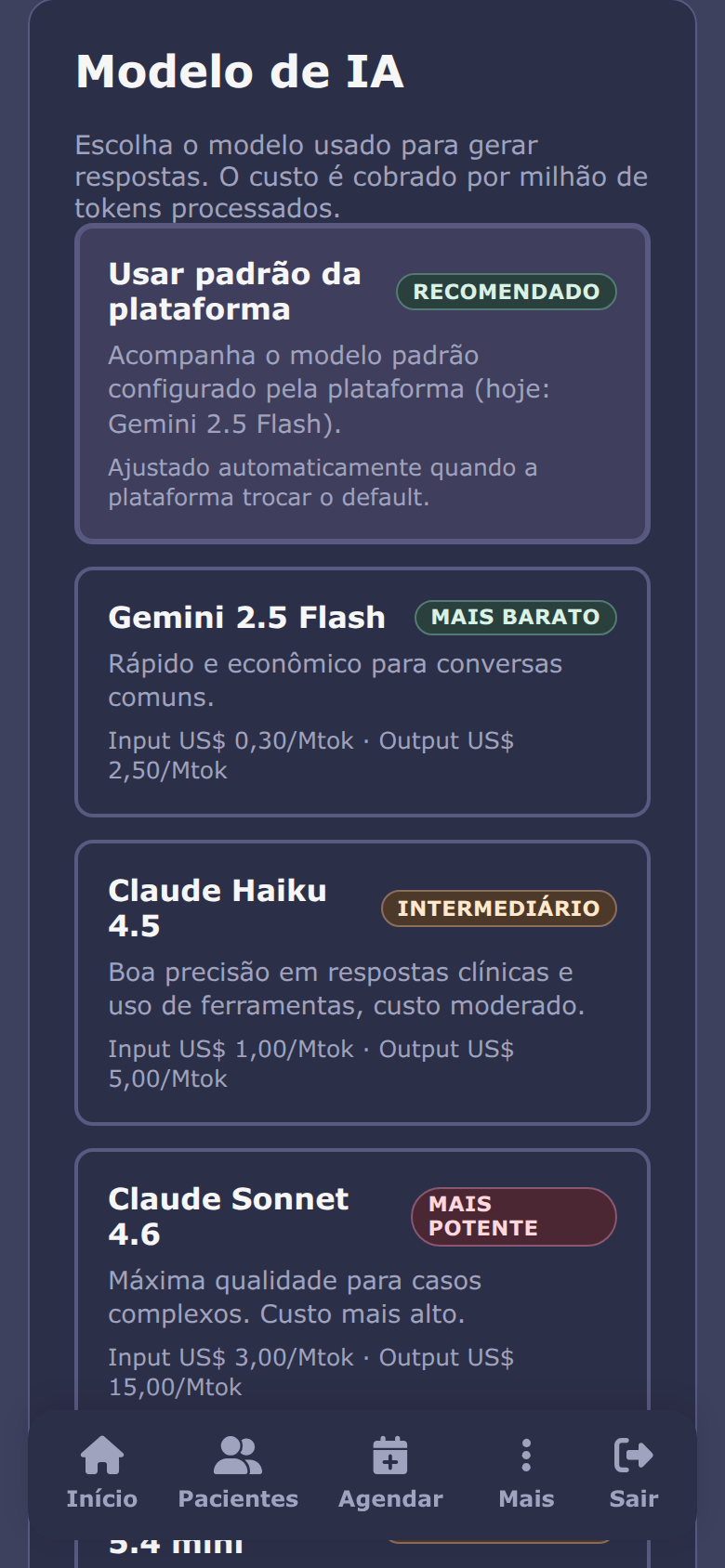 Atendente de IA no celular, tema escuro