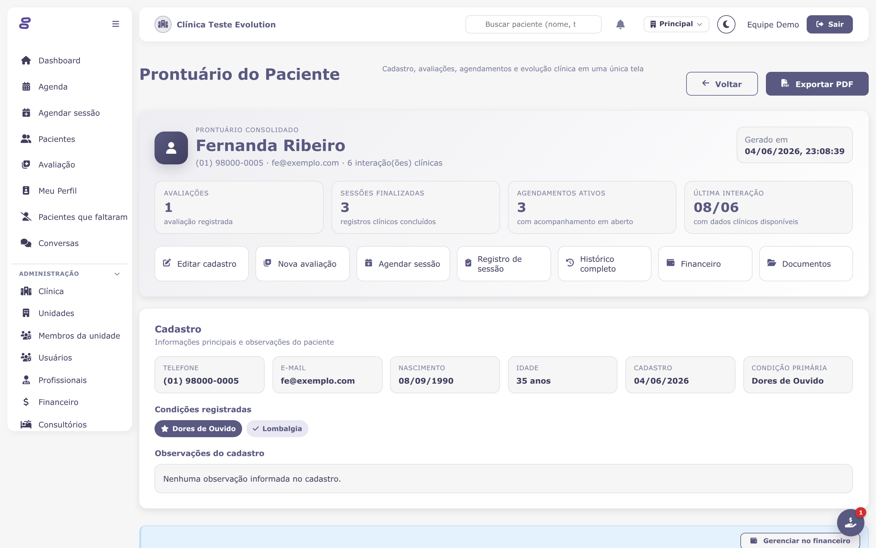Ficha do paciente com dados pessoais, condições em tratamento e histórico clínico