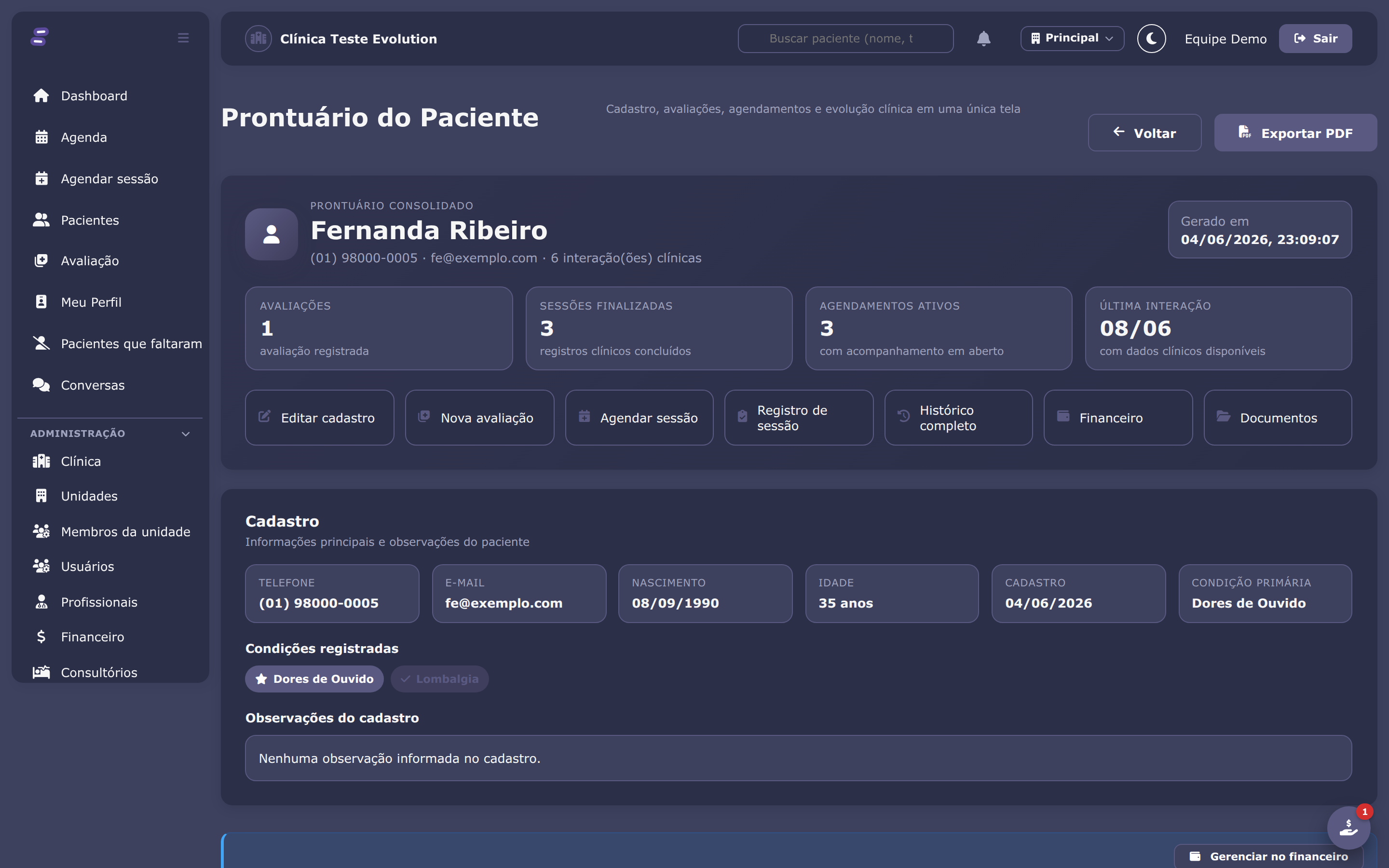 Ficha do paciente, tema escuro