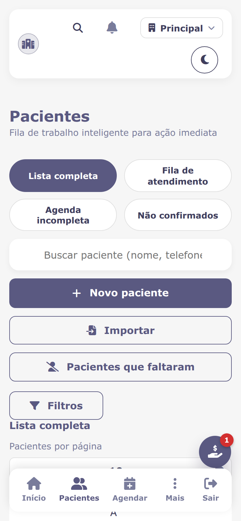 Lista de pacientes na versão mobile, em formato de cards