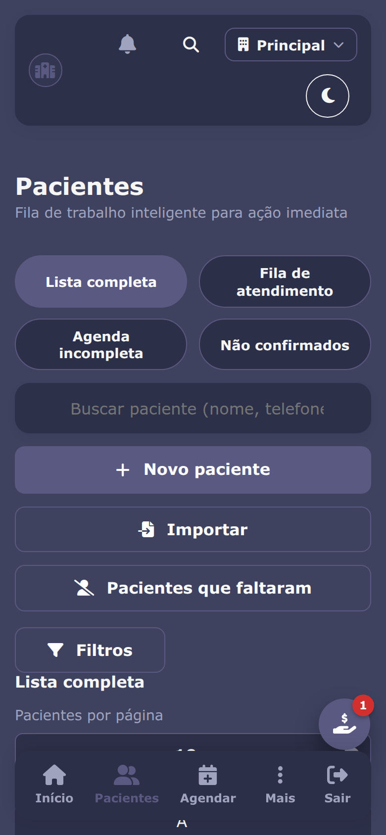 Pacientes no celular, tema escuro
