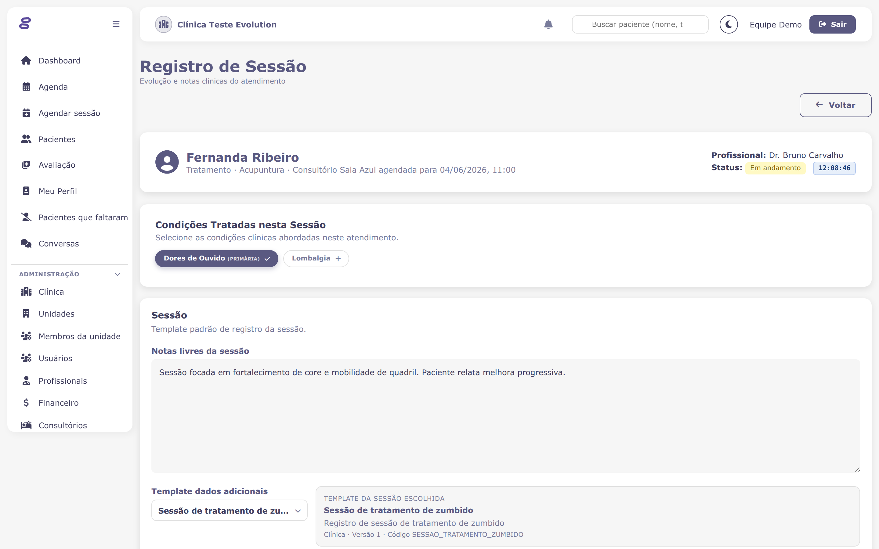 Registro de sessão com as condições do paciente e os procedimentos selecionados em pílulas