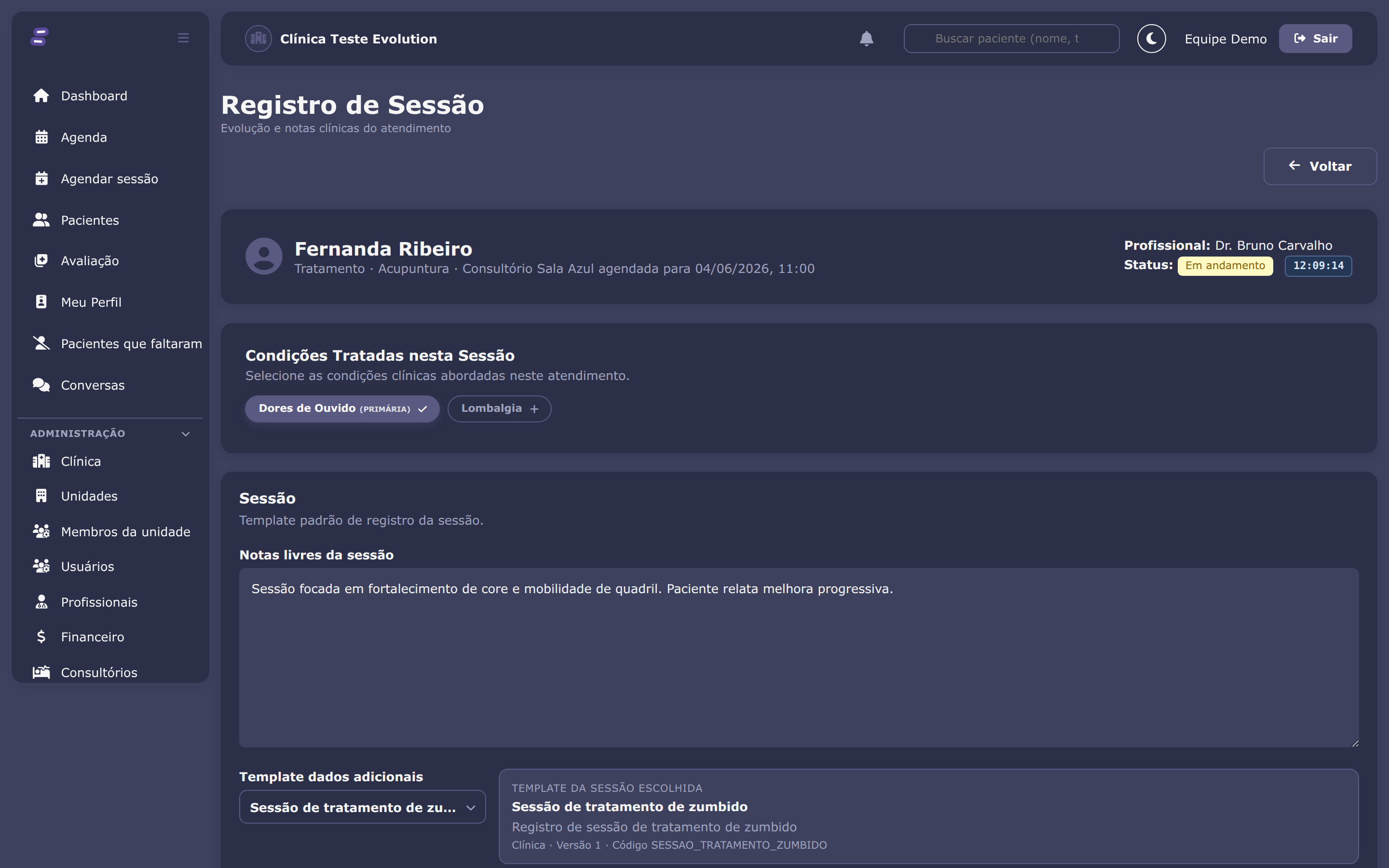 Condições e procedimentos da sessão, tema escuro