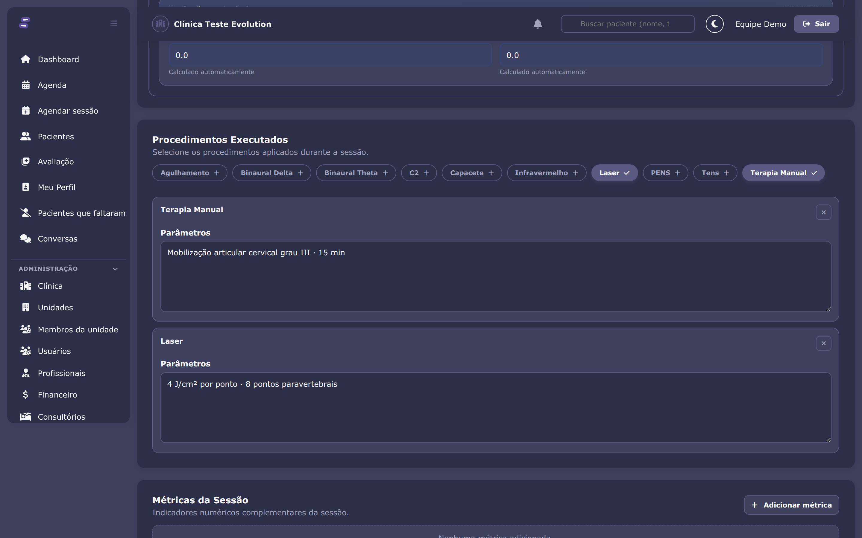 Formulário do template de sessão, tema escuro