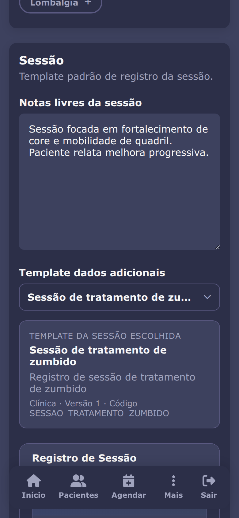 Registro de sessão no celular, tema escuro
